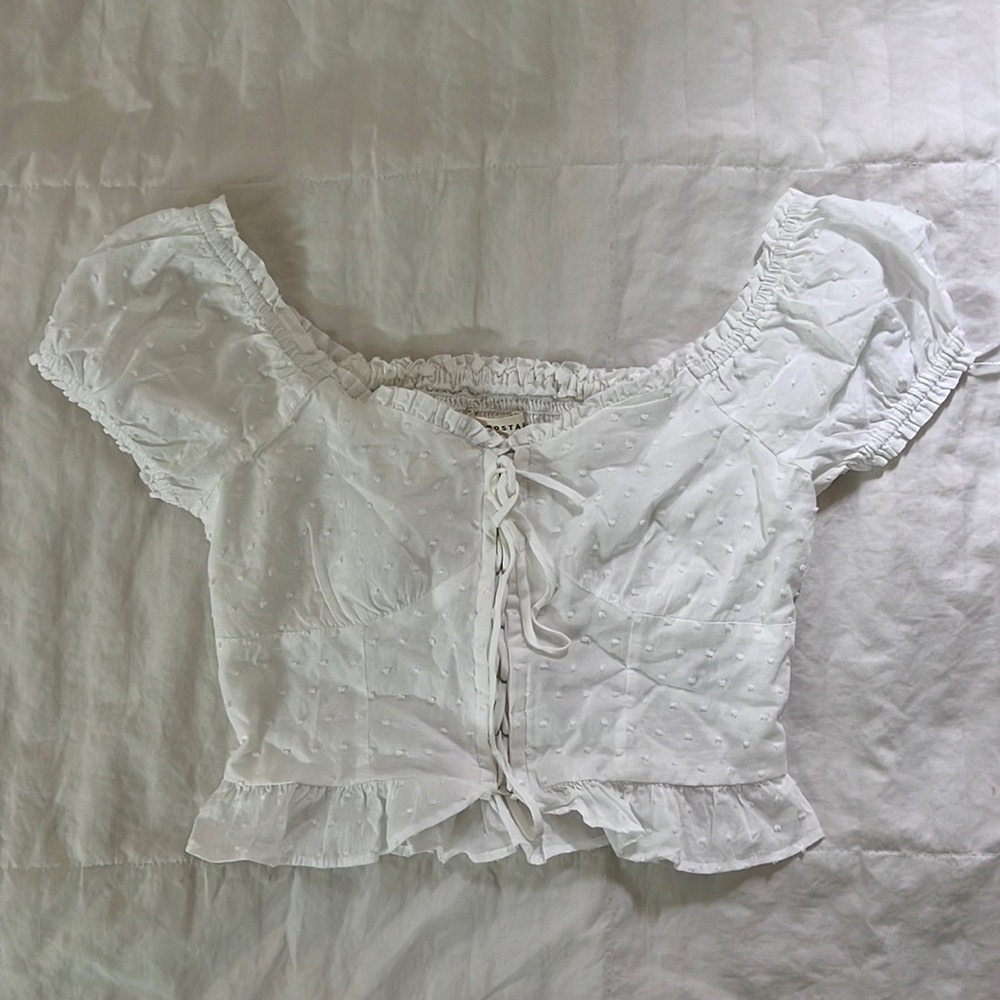 aéropostale white ruffled flock dot lace crop top